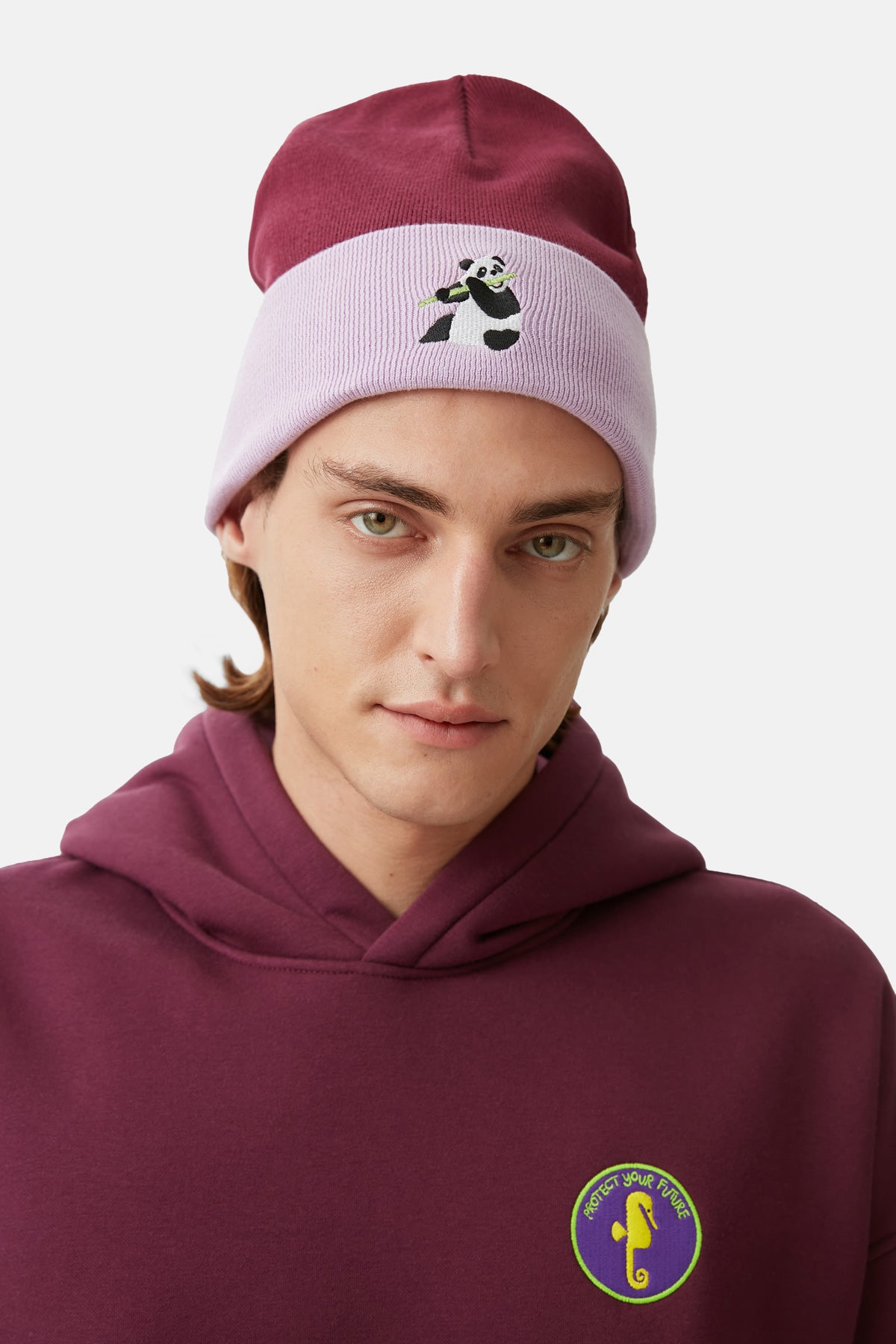 Giant Panda Beanie - Burgundy/Lilac