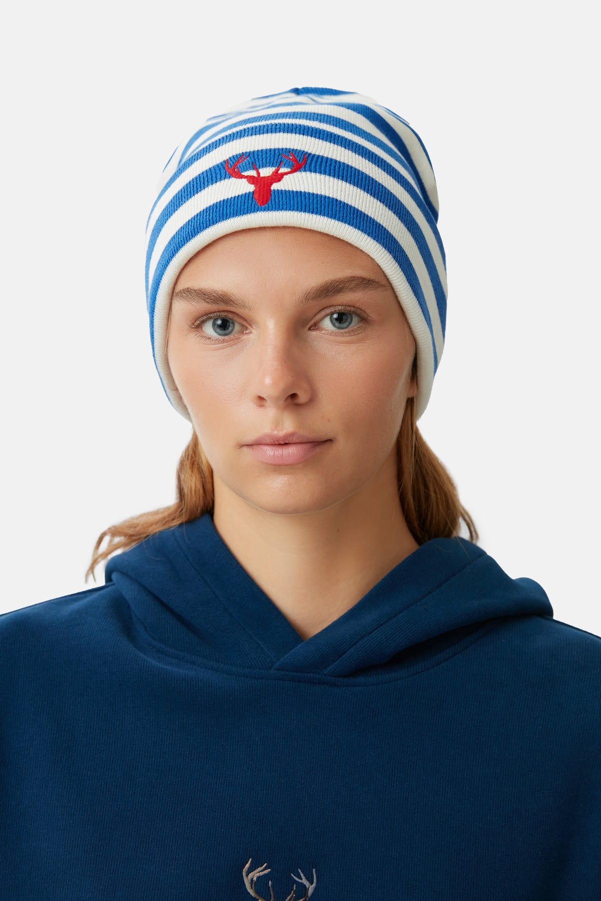 Deer Striped Beanie - Sax Blue