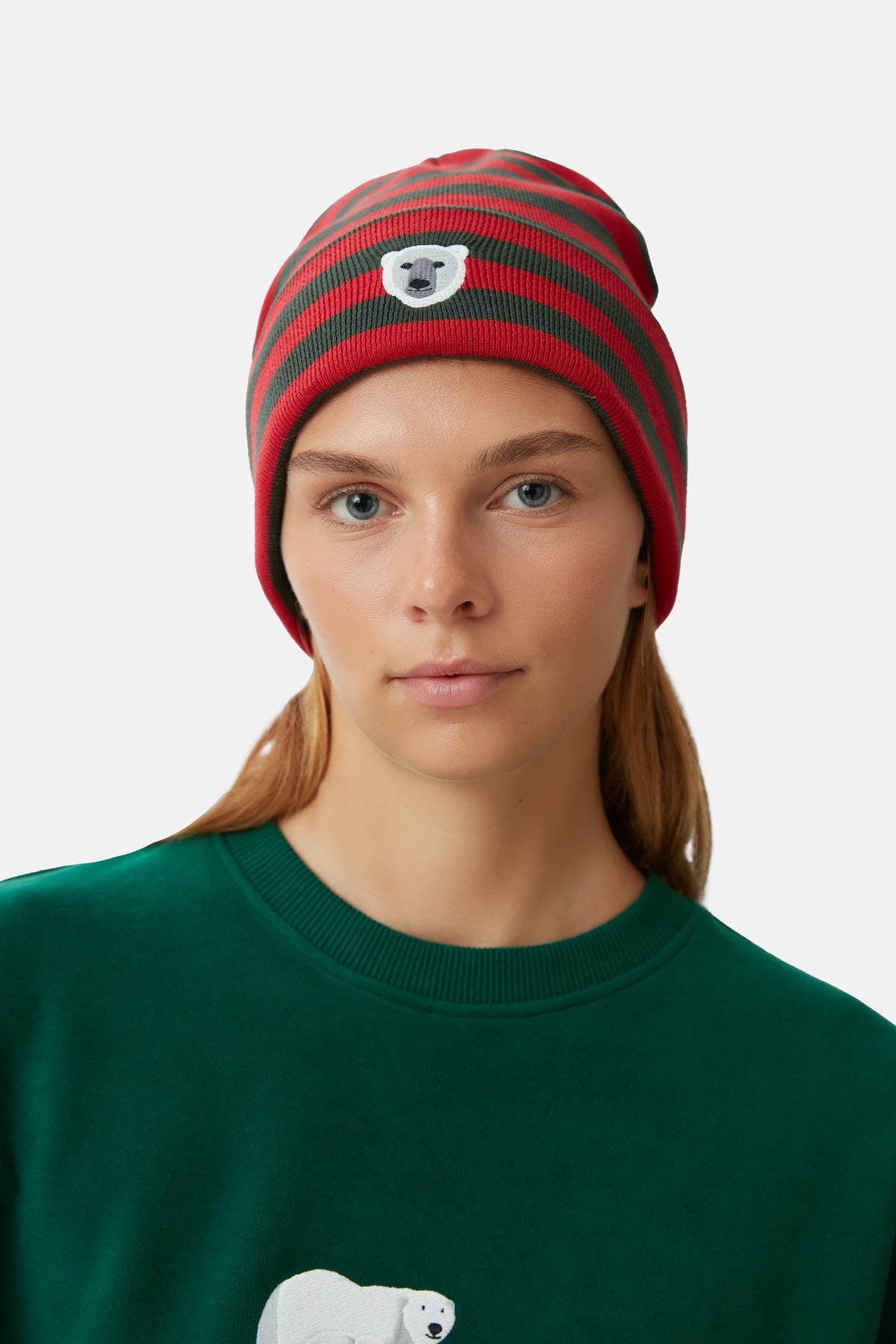Polar Bear Striped Beanie - Khaki